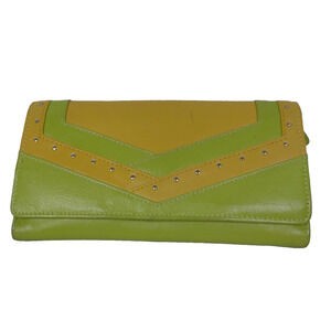Women RFID Green Yellow Wallet Envelope Style Genuine Leather Union Code 7.5x4